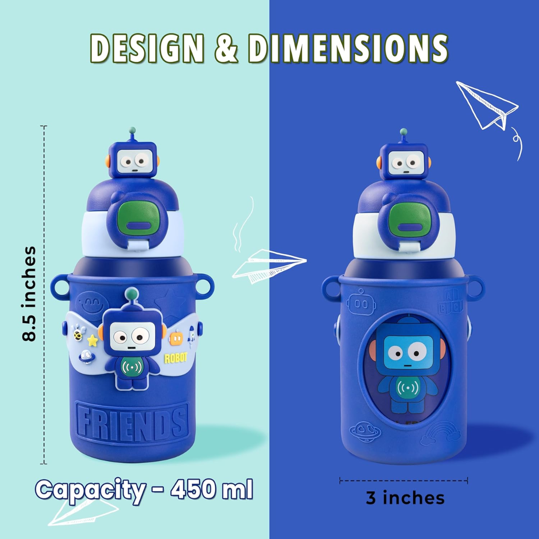 Cool Robot Kids’ Water Bottle – 450ml, Insulated & Travel-Friendly with Mini Toys!