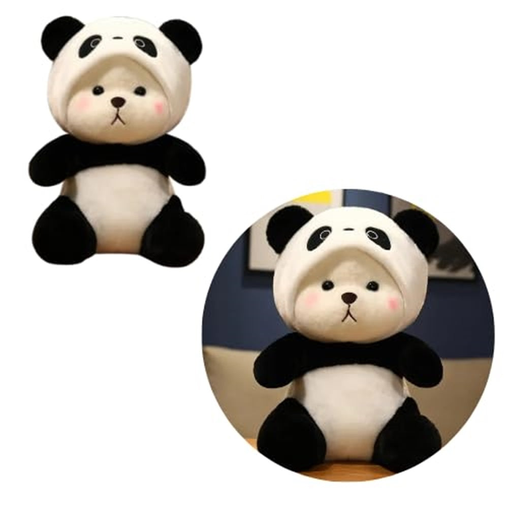 CuddleNest 40 cm Plush Bear in Panda Costume with Cap â Ultra-Soft Stuffed Animal Toy for Kids, Black & White Cuddly Friend for Gifting and Snuggles