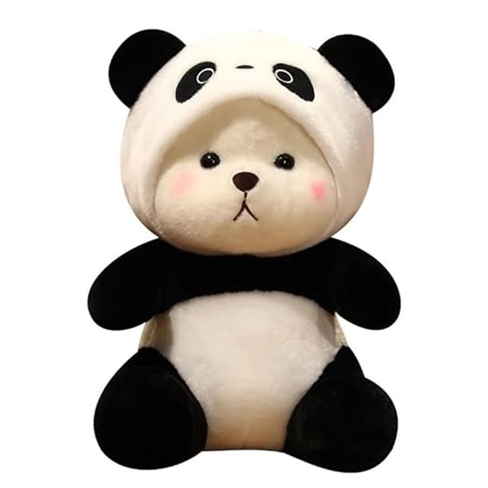 CuddleNest 40 cm Plush Bear in Panda Costume with Cap â Ultra-Soft Stuffed Animal Toy for Kids, Black & White Cuddly Friend for Gifting and Snuggles
