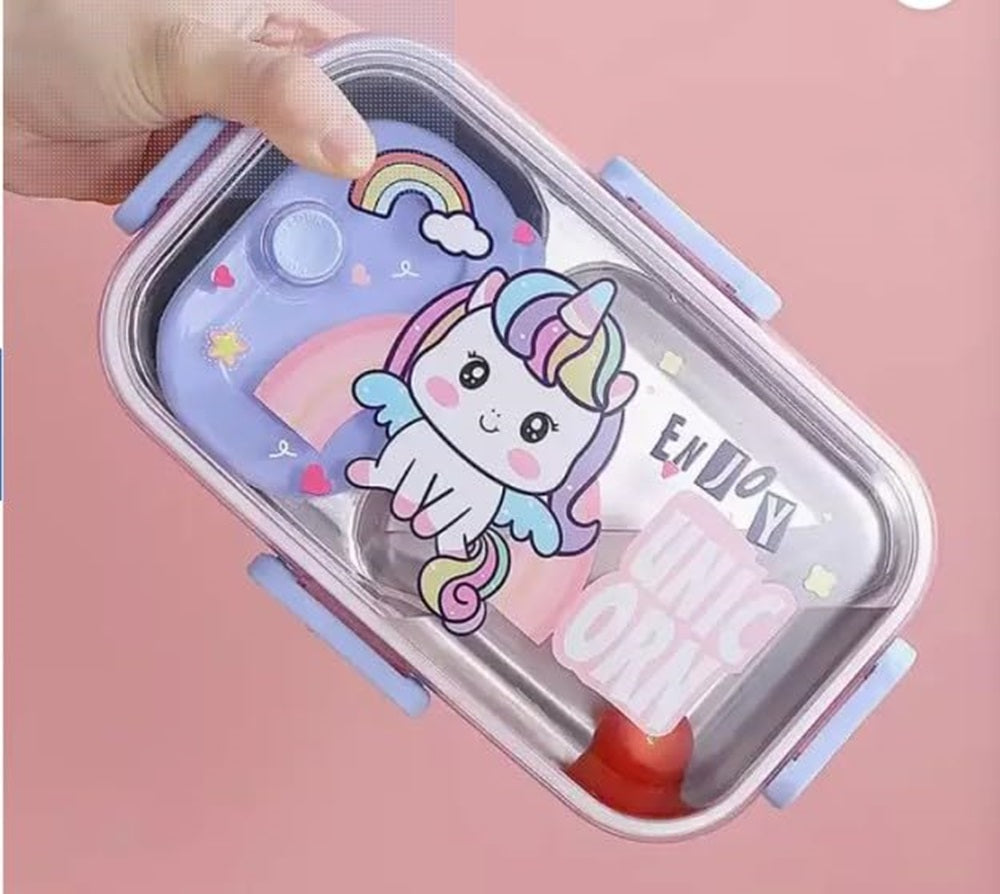 Pink Unicorn Kids Stainless Steel Lunch Box | 700ml + 100ml Soup Bowl | Leak-Proof | 4-Lock Design | Heat Insulation | Bento Tiffin for School, Picnics, Travel