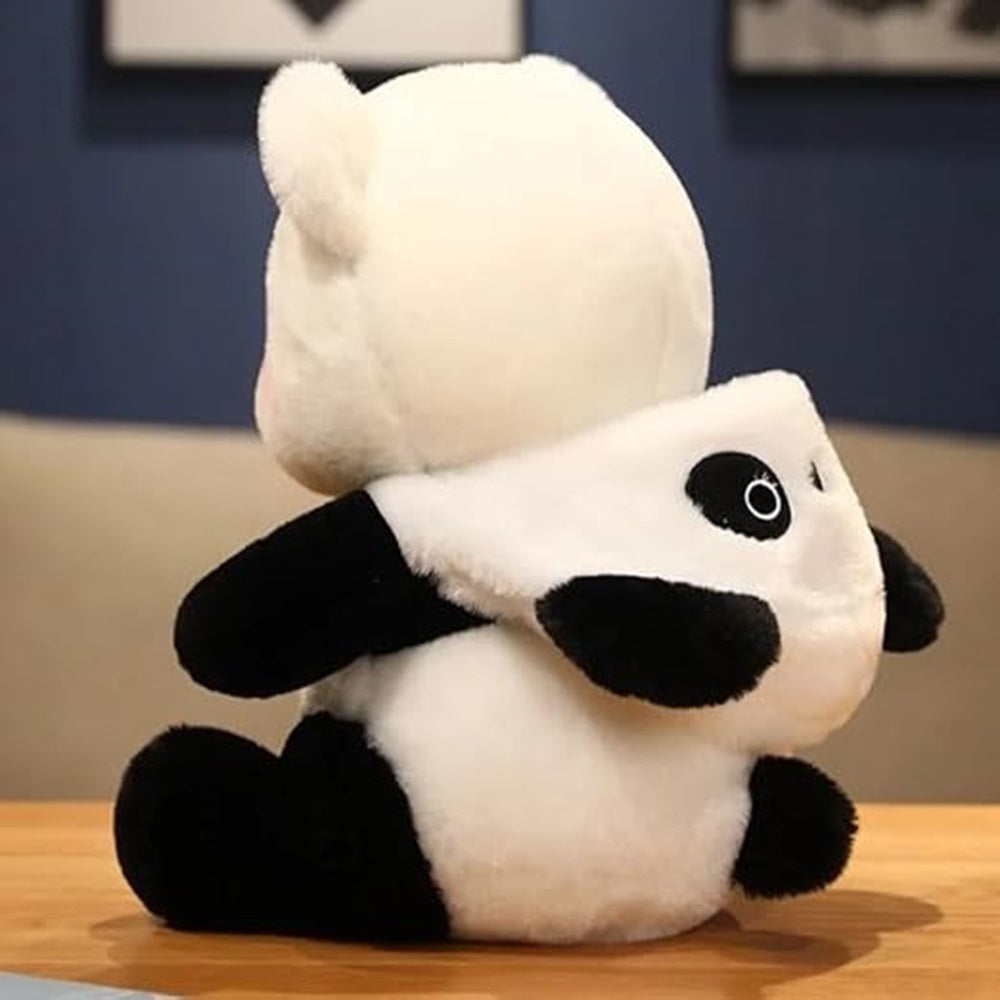 CuddleNest 40 cm Plush Bear in Panda Costume with Cap â Ultra-Soft Stuffed Animal Toy for Kids, Black & White Cuddly Friend for Gifting and Snuggles