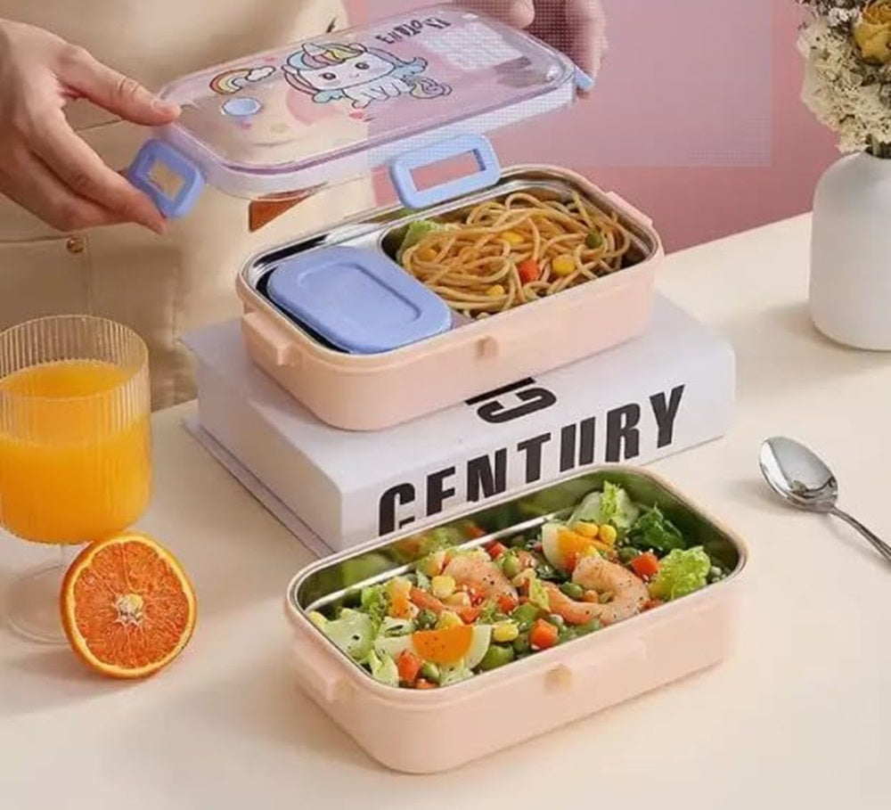 Pink Unicorn Kids Stainless Steel Lunch Box | 700ml + 100ml Soup Bowl | Leak-Proof | 4-Lock Design | Heat Insulation | Bento Tiffin for School, Picnics, Travel