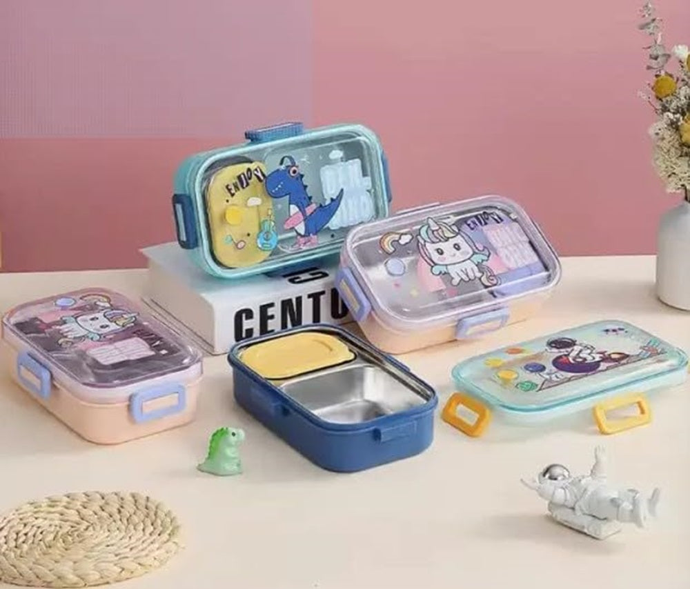 Stainless steel lunch box with main compartment and soup bowl