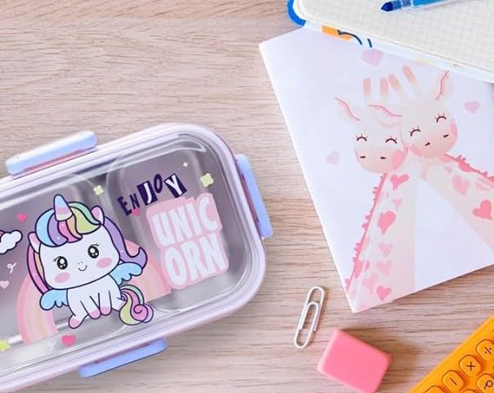 Pink Unicorn Kids Stainless Steel Lunch Box | 700ml + 100ml Soup Bowl | Leak-Proof | 4-Lock Design | Heat Insulation | Bento Tiffin for School, Picnics, Travel