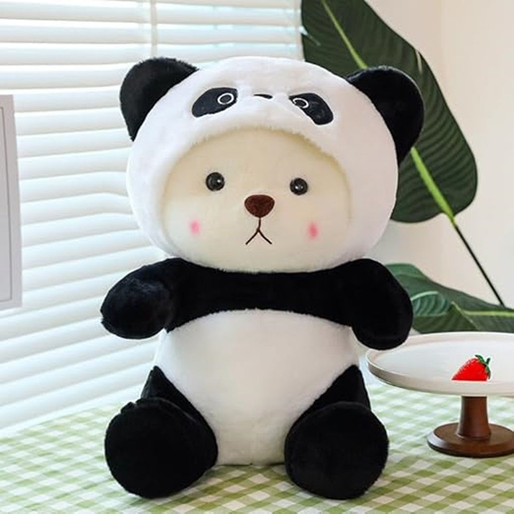 CuddleNest 40 cm Plush Bear in Panda Costume with Cap â Ultra-Soft Stuffed Animal Toy for Kids, Black & White Cuddly Friend for Gifting and Snuggles