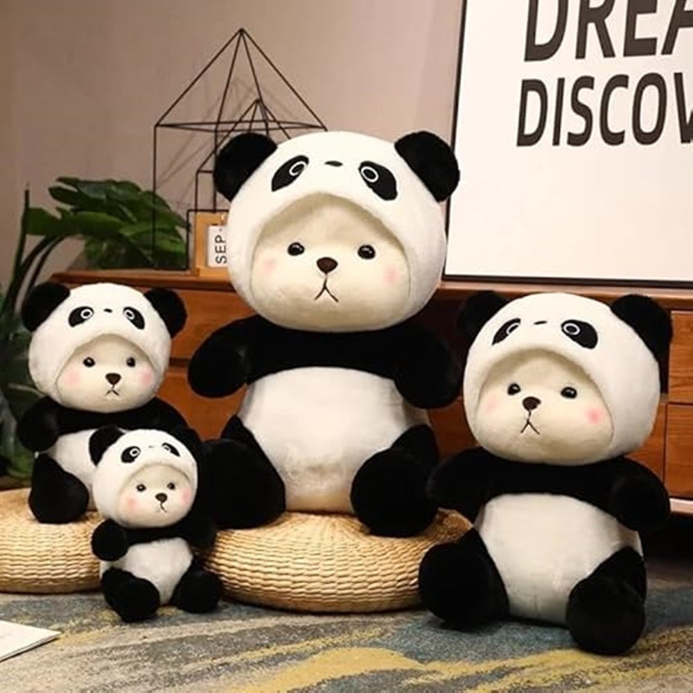 CuddleNest 40 cm Plush Bear in Panda Costume with Cap â Ultra-Soft Stuffed Animal Toy for Kids, Black & White Cuddly Friend for Gifting and Snuggles