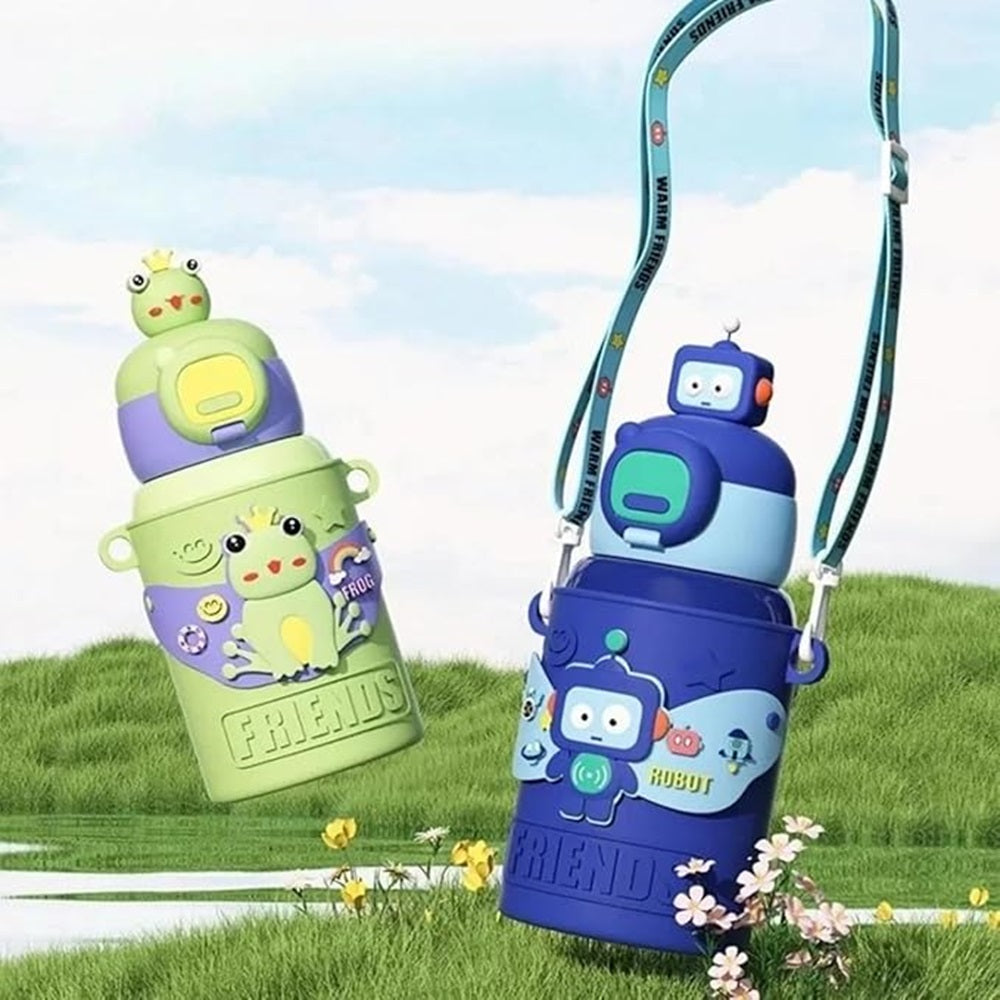 Cute Frog Friends Kids Water Bottle – 450ml, Vacuum Insulated, Leak-Proof, Steel Inside with Straw & Sipper – Ideal for School, Playdates & Gifting