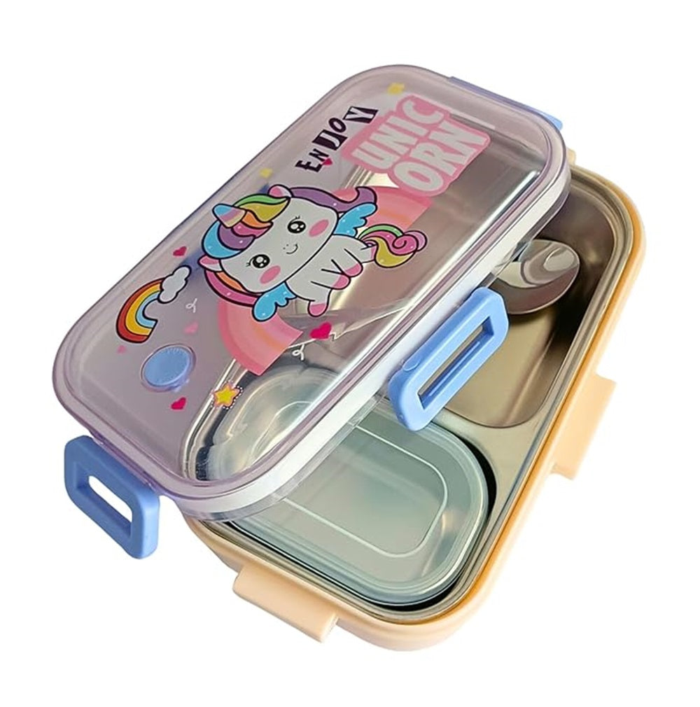 Pink Unicorn Kids Stainless Steel Lunch Box | 700ml + 100ml Soup Bowl | Leak-Proof | 4-Lock Design | Heat Insulation | Bento Tiffin for School, Picnics, Travel