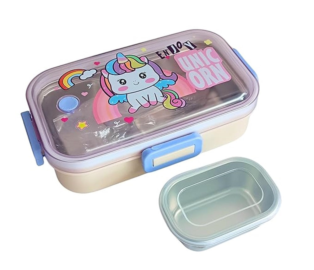 Pink Unicorn Kids Stainless Steel Lunch Box | 700ml + 100ml Soup Bowl | Leak-Proof | 4-Lock Design | Heat Insulation | Bento Tiffin for School, Picnics, Travel
