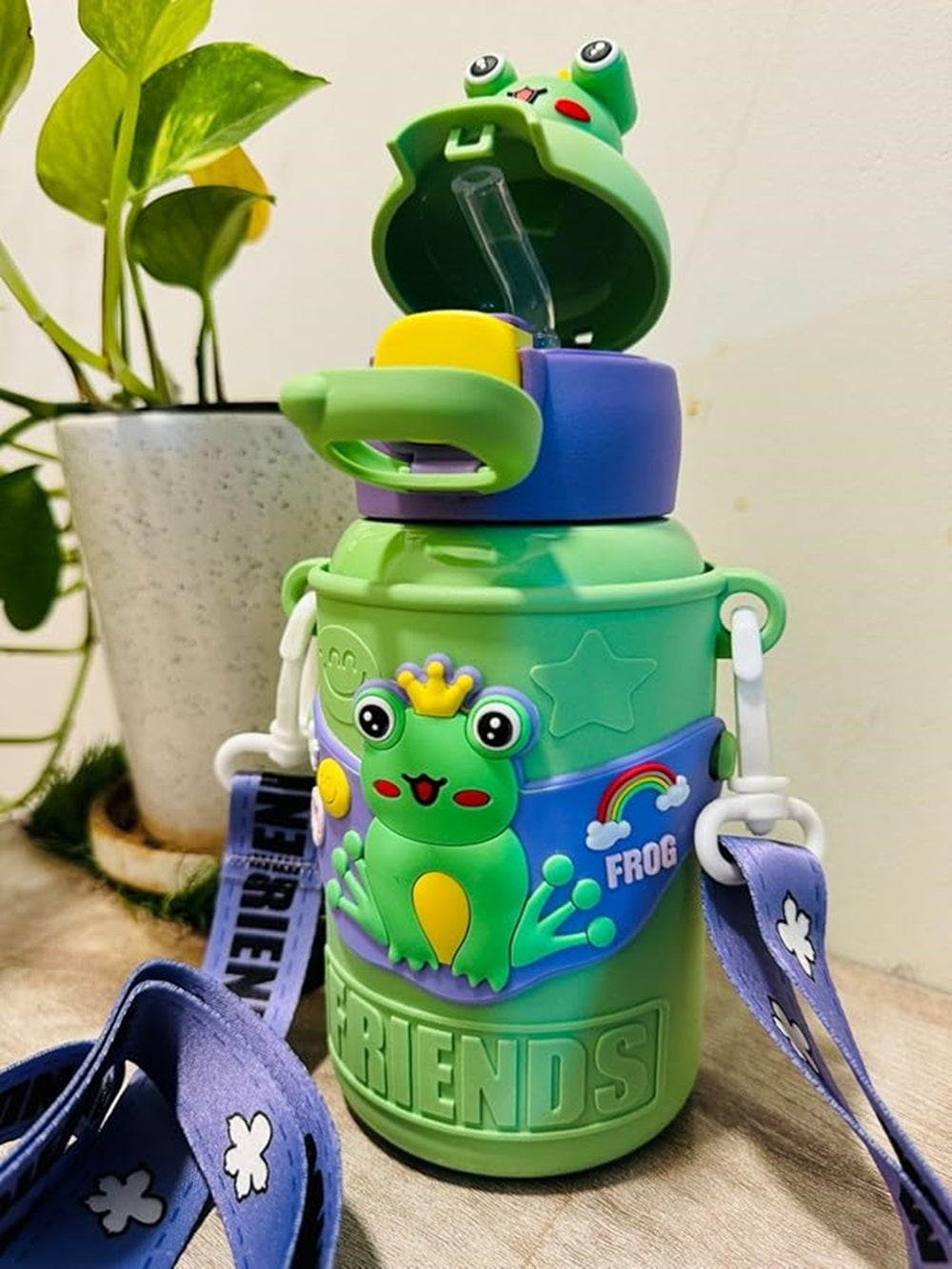 Cute Frog Friends Kids Water Bottle – 450ml, Vacuum Insulated, Leak-Proof, Steel Inside with Straw & Sipper – Ideal for School, Playdates & Gifting