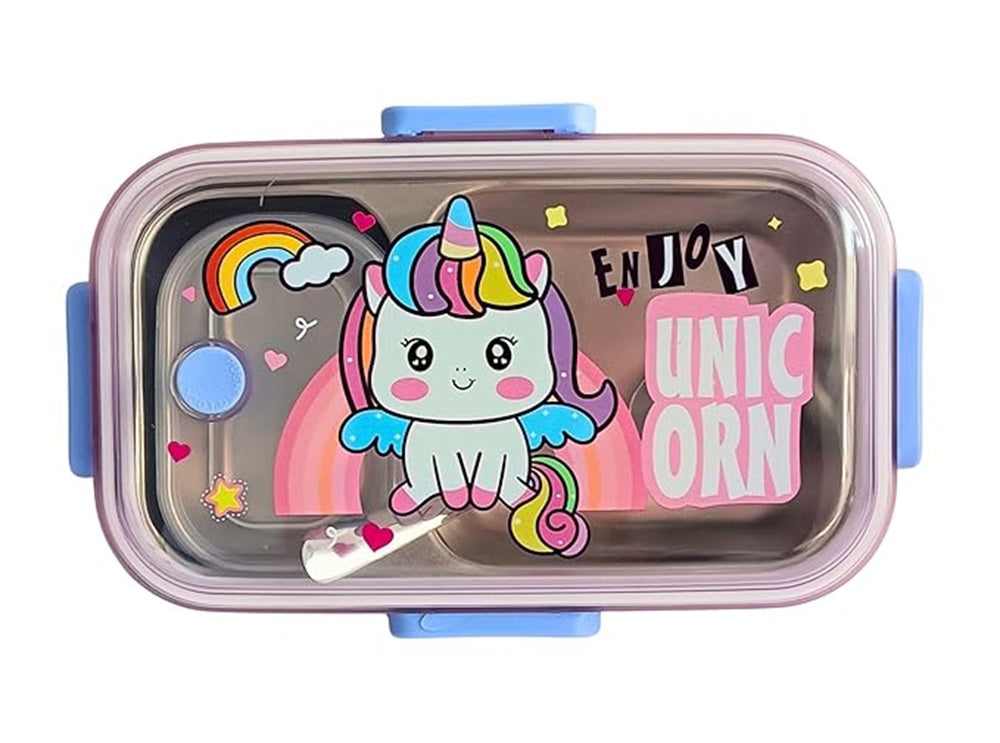 Pink Unicorn Kids Stainless Steel Lunch Box | 700ml + 100ml Soup Bowl | Leak-Proof | 4-Lock Design | Heat Insulation | Bento Tiffin for School, Picnics, Travel