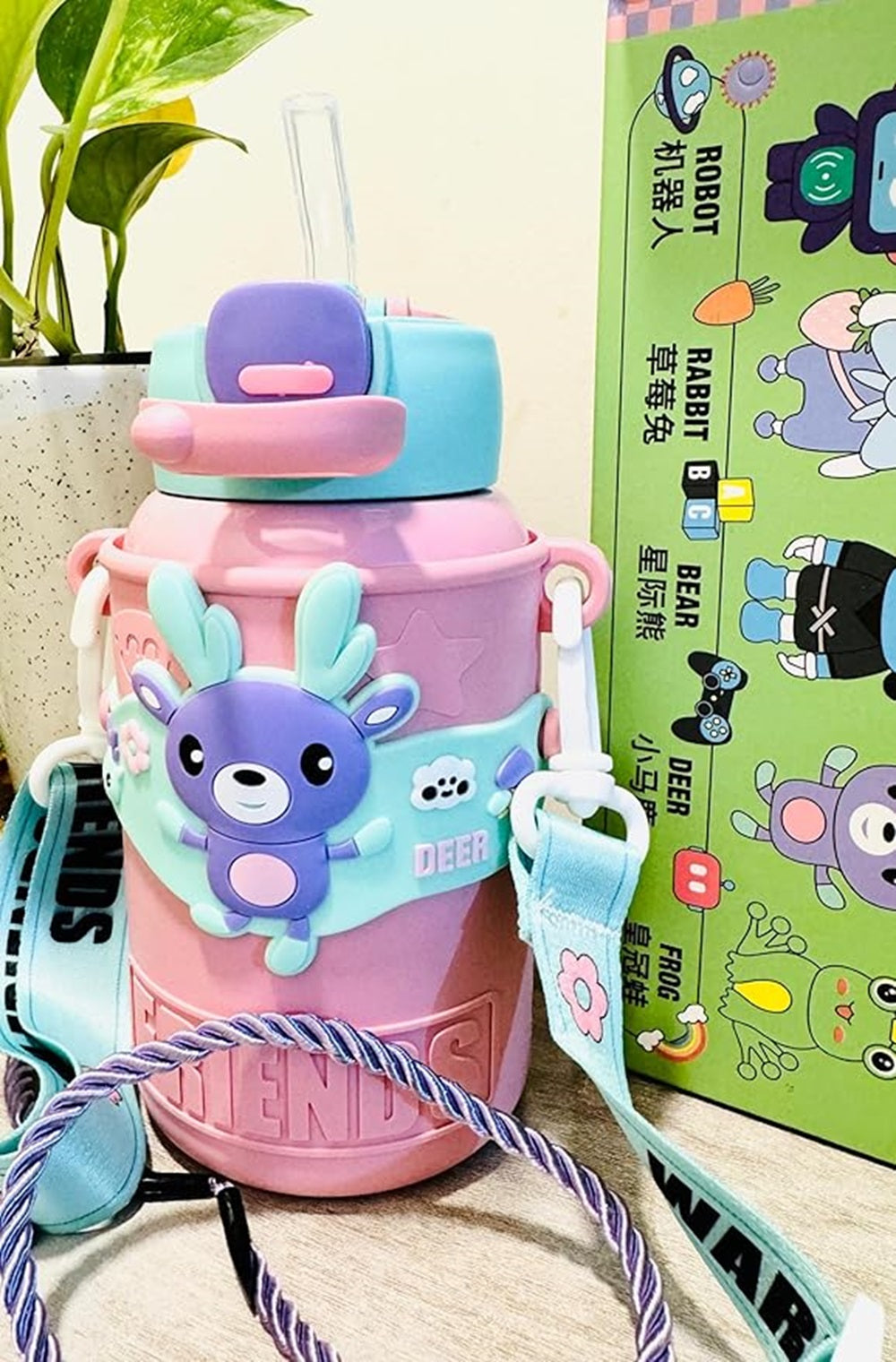 Cute Deer Character 450ml Kids Water Bottle | Vacuum Insulated, Leak-Proof, Stainless Steel Inside, Sipper & Straw, Push Button Lid | Perfect for School, Playdates, Travel, and Gifting