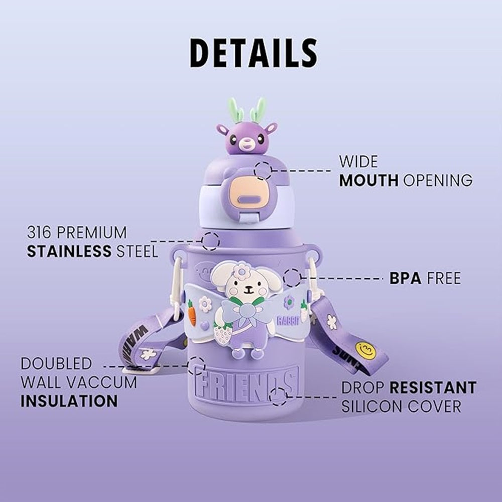 Adorable purple rabbit design stainless steel water bottle