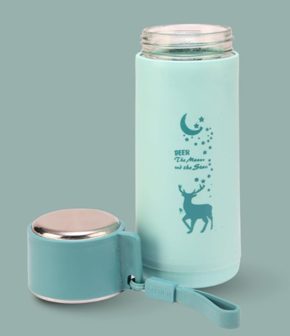 Eco-Friendly Deer Print Glass Water Bottle – 380ml | Leakproof, Wide Mouth, for School & Outdoor Use