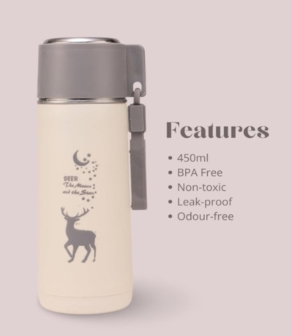 Eco-Friendly Deer Print Glass Water Bottle – 380ml | Leakproof, Wide Mouth, for School & Outdoor Use