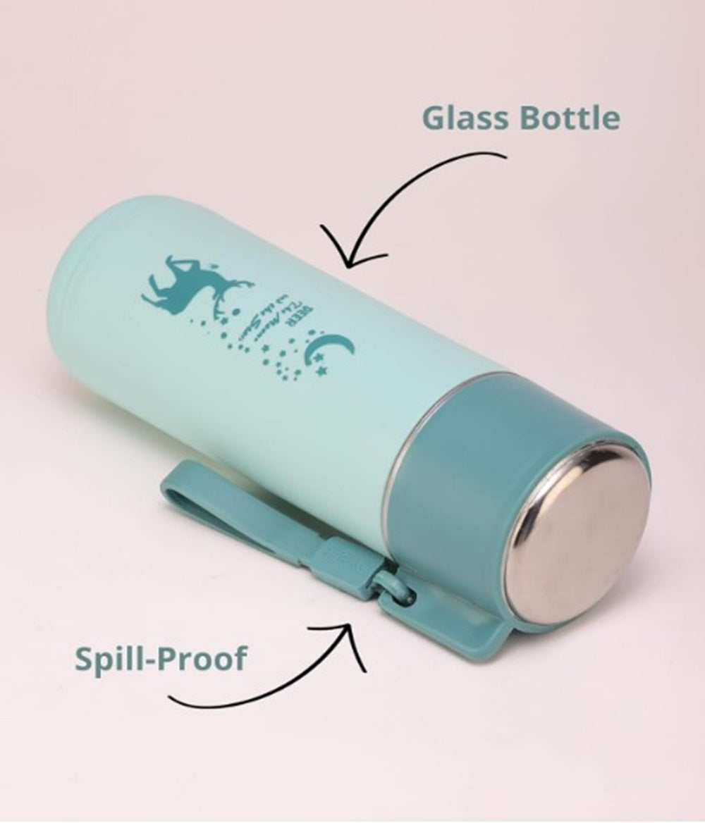 Eco-Friendly Deer Print Glass Water Bottle – 380ml | Leakproof, Wide Mouth, for School & Outdoor Use