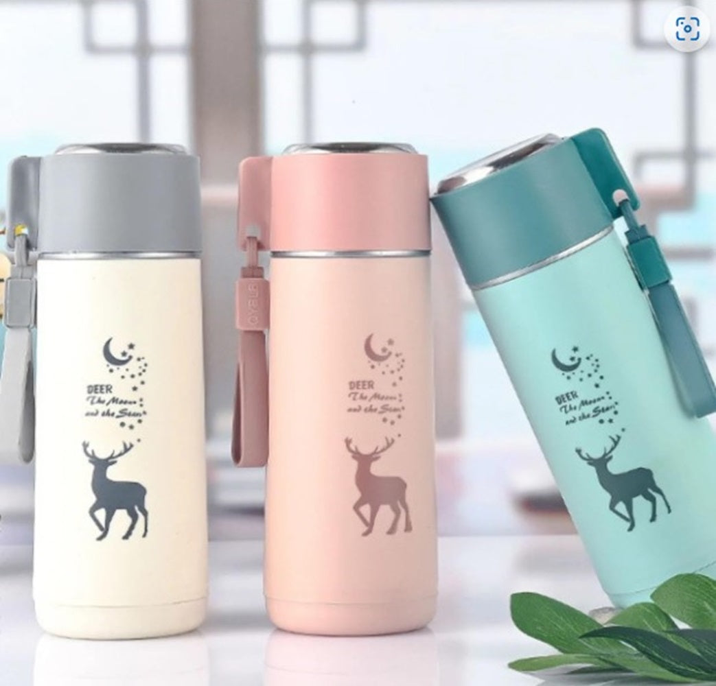 Eco-Friendly Deer Print Glass Water Bottle – 380ml | Leakproof, Wide Mouth, for School & Outdoor Use
