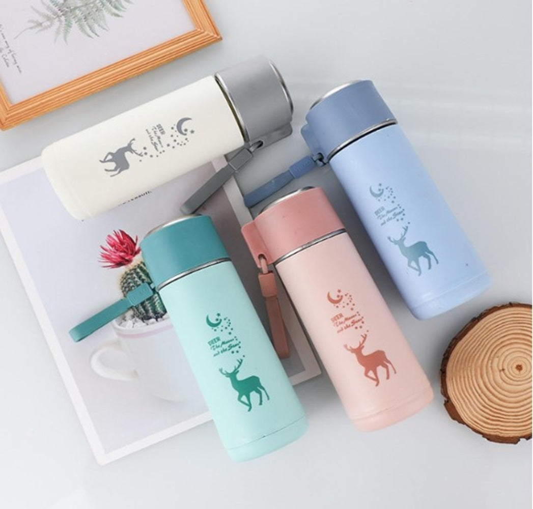 Eco-Friendly Deer Print Glass Water Bottle – 380ml | Leakproof, Wide Mouth, for School & Outdoor Use