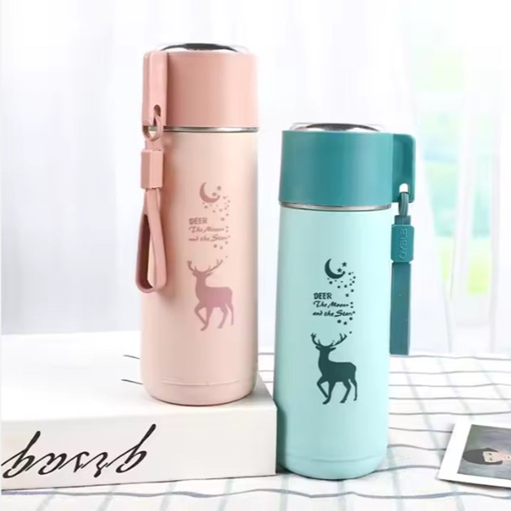 Eco-Friendly Deer Print Glass Water Bottle – 380ml | Leakproof, Wide Mouth, for School & Outdoor Use