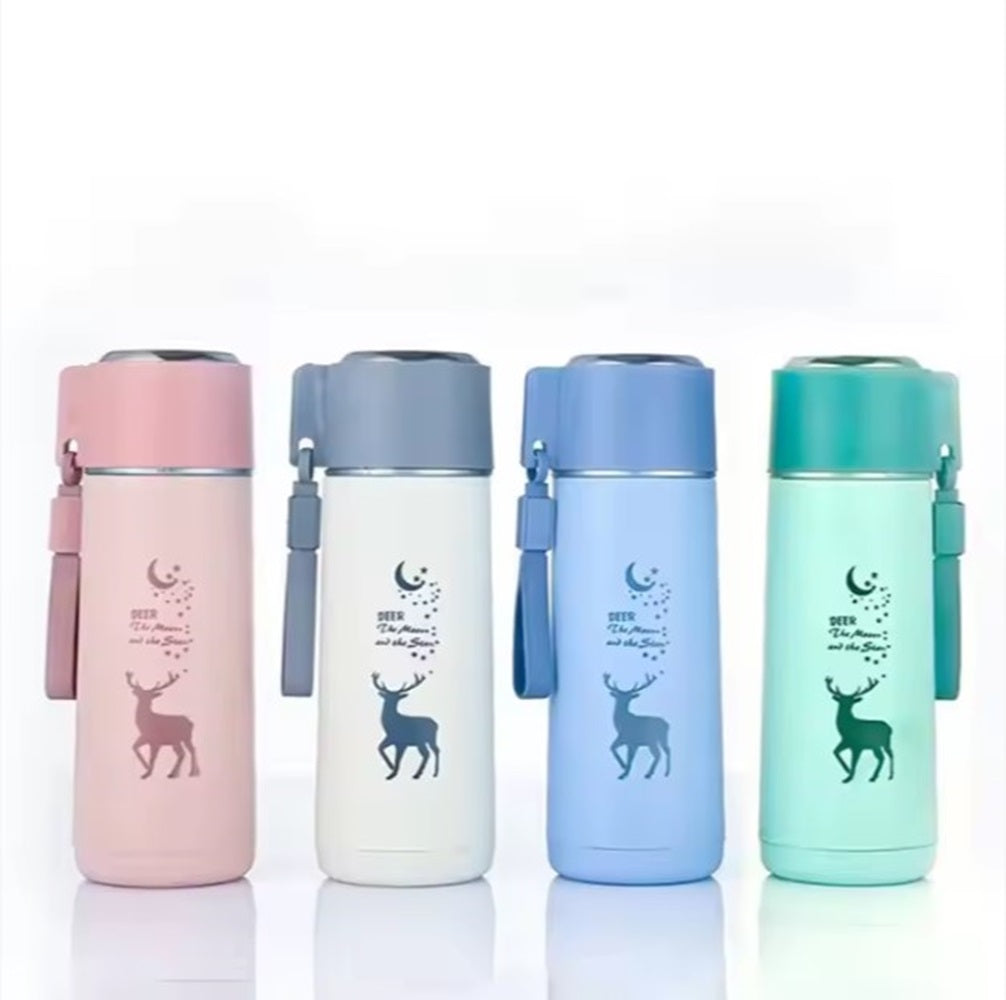 Eco-Friendly Deer Print Glass Water Bottle – 380ml | Leakproof, Wide Mouth, for School & Outdoor Use