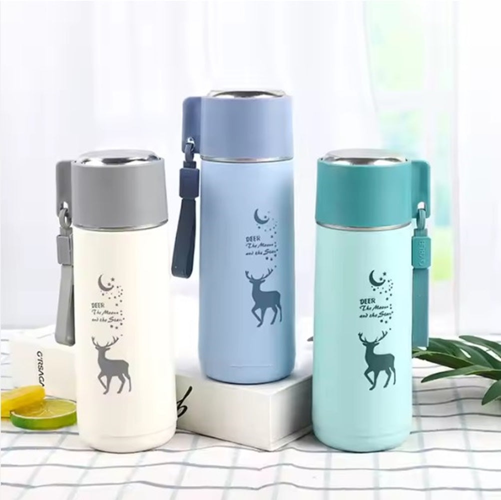 Eco-Friendly Deer Print Glass Water Bottle – 380ml | Leakproof, Wide Mouth, for School & Outdoor Use