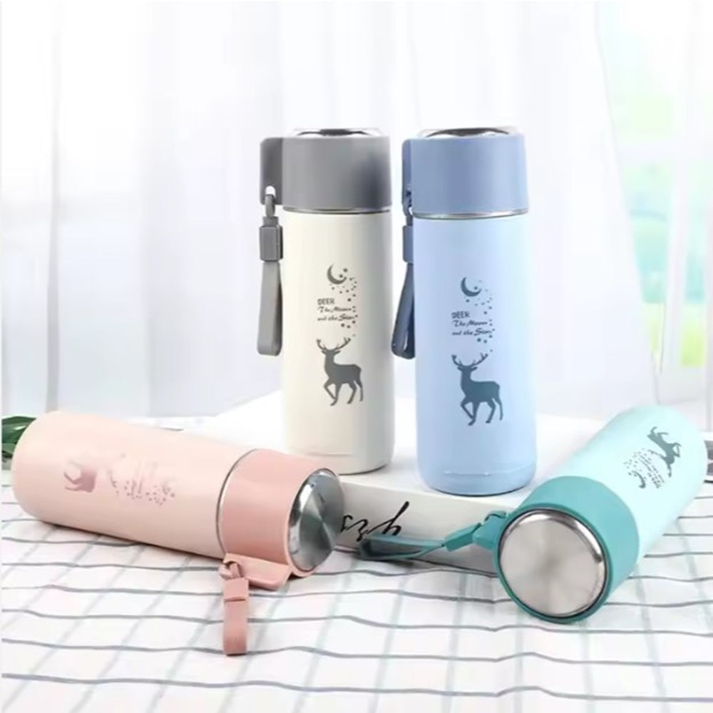 Eco-Friendly Deer Print Glass Water Bottle – 380ml | Leakproof, Wide Mouth, for School & Outdoor Use