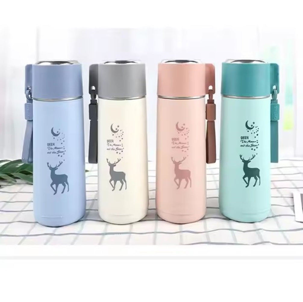 Eco-Friendly Deer Print Glass Water Bottle – 380ml | Leakproof, Wide Mouth, for School & Outdoor Use