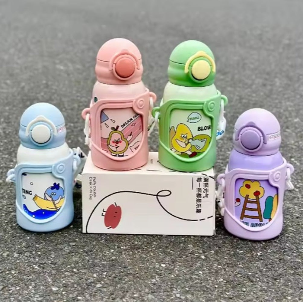 Stainless Steel Kids Water Bottle – 500ml | Double Wall, Straw Lid, Cartoon Print