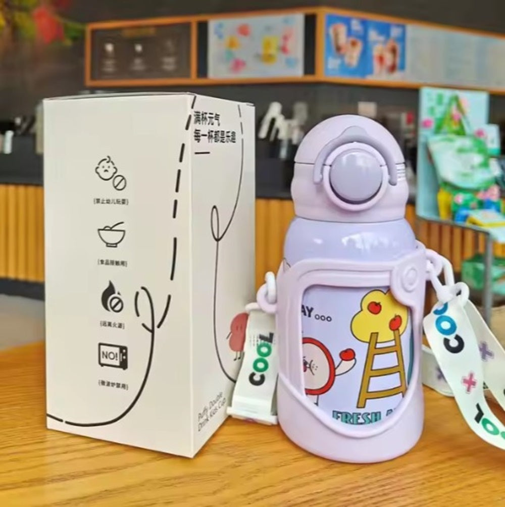 Stainless Steel Kids Water Bottle – 500ml | Double Wall, Straw Lid, Cartoon Print