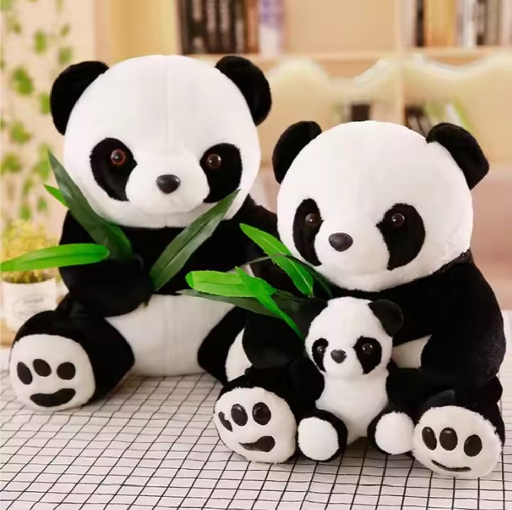 CuddleNest Cuddly Panda Mom and Baby Plush Toy Set – Soft Hugging Stuffed Animals with Bamboo Accent