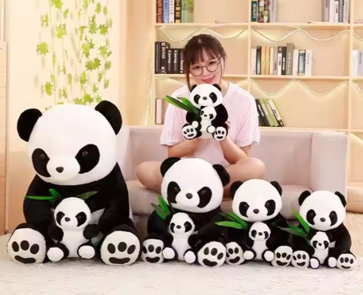 CuddleNest Cuddly Panda Mom and Baby Plush Toy Set – Soft Hugging Stuffed Animals with Bamboo Accent