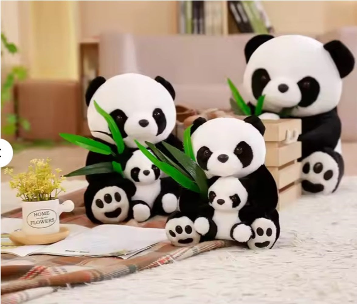 CuddleNest Cuddly Panda Mom and Baby Plush Toy Set – Soft Hugging Stuffed Animals with Bamboo Accent