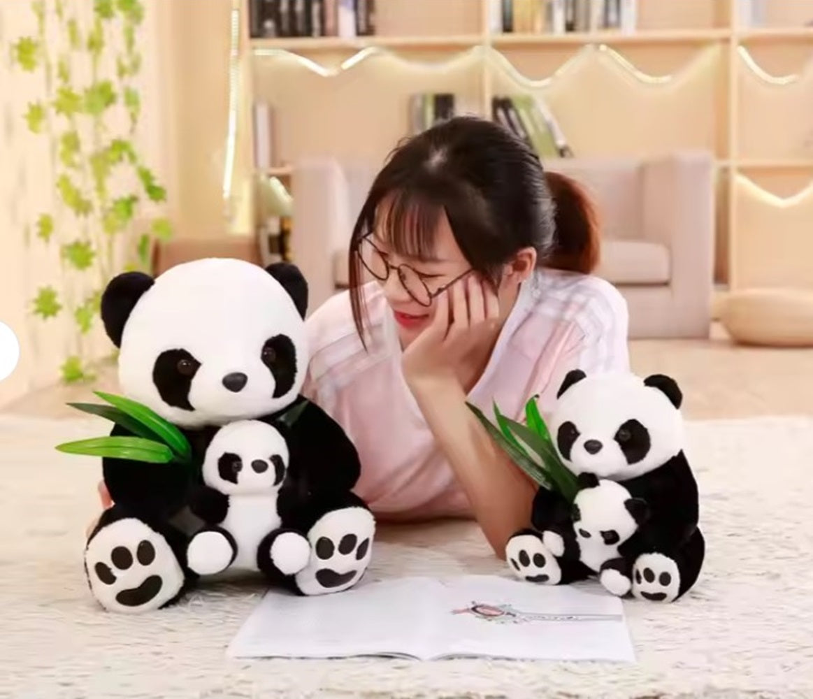 CuddleNest Cuddly Panda Mom and Baby Plush Toy Set – Soft Hugging Stuffed Animals with Bamboo Accent