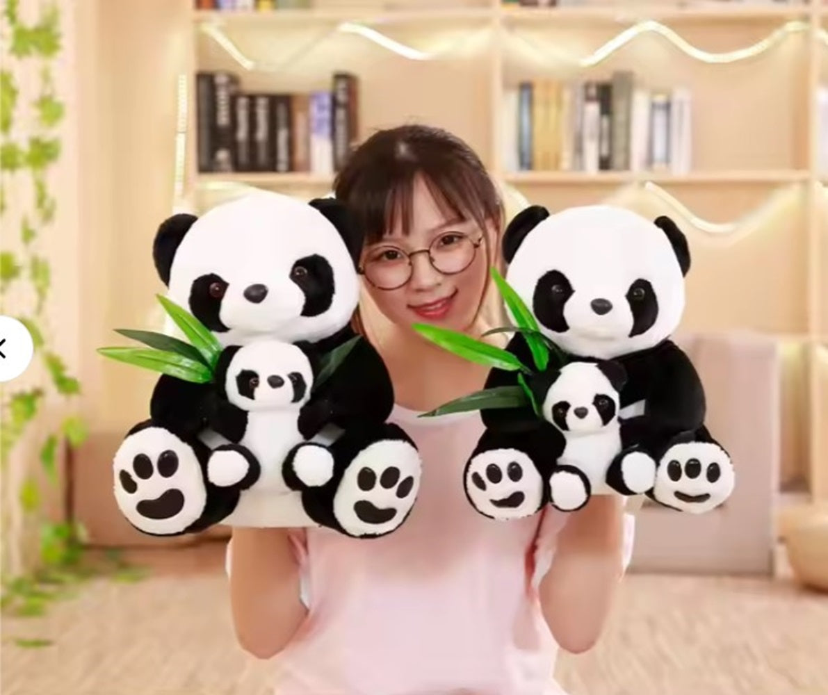 CuddleNest Cuddly Panda Mom and Baby Plush Toy Set – Soft Hugging Stuffed Animals with Bamboo Accent