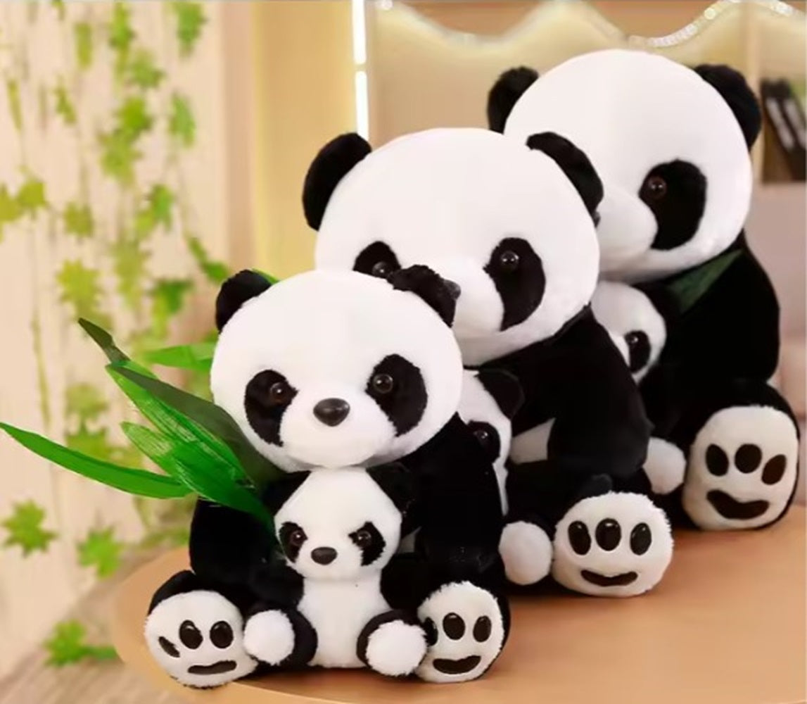 CuddleNest Cuddly Panda Mom and Baby Plush Toy Set – Soft Hugging Stuffed Animals with Bamboo Accent