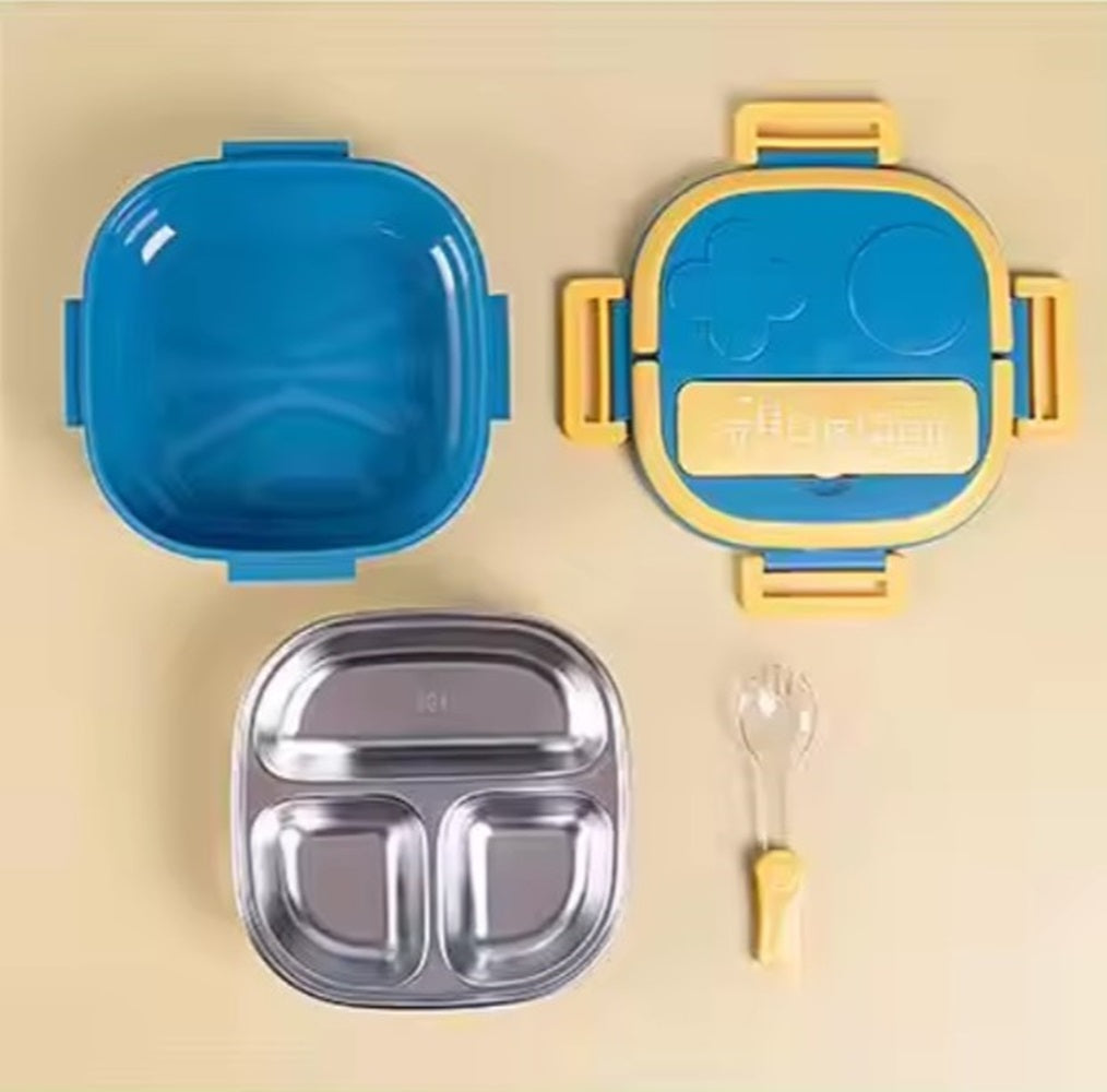 CuddleNest Bento Lunch Box for Kids – Stainless Steel 3-Compartment Lunch Set with Spoon & Fork | Colorful, Leakproof, BPA-Free, Dishwasher Safe | Ideal Tiffin for School Children