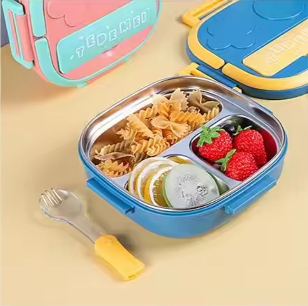 CuddleNest Bento Lunch Box for Kids – Stainless Steel 3-Compartment Lunch Set with Spoon & Fork | Colorful, Leakproof, BPA-Free, Dishwasher Safe | Ideal Tiffin for School Children