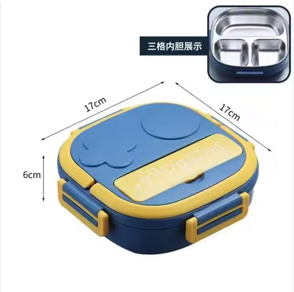 CuddleNest Bento Lunch Box for Kids – Stainless Steel 3-Compartment Lunch Set with Spoon & Fork | Colorful, Leakproof, BPA-Free, Dishwasher Safe | Ideal Tiffin for School Children