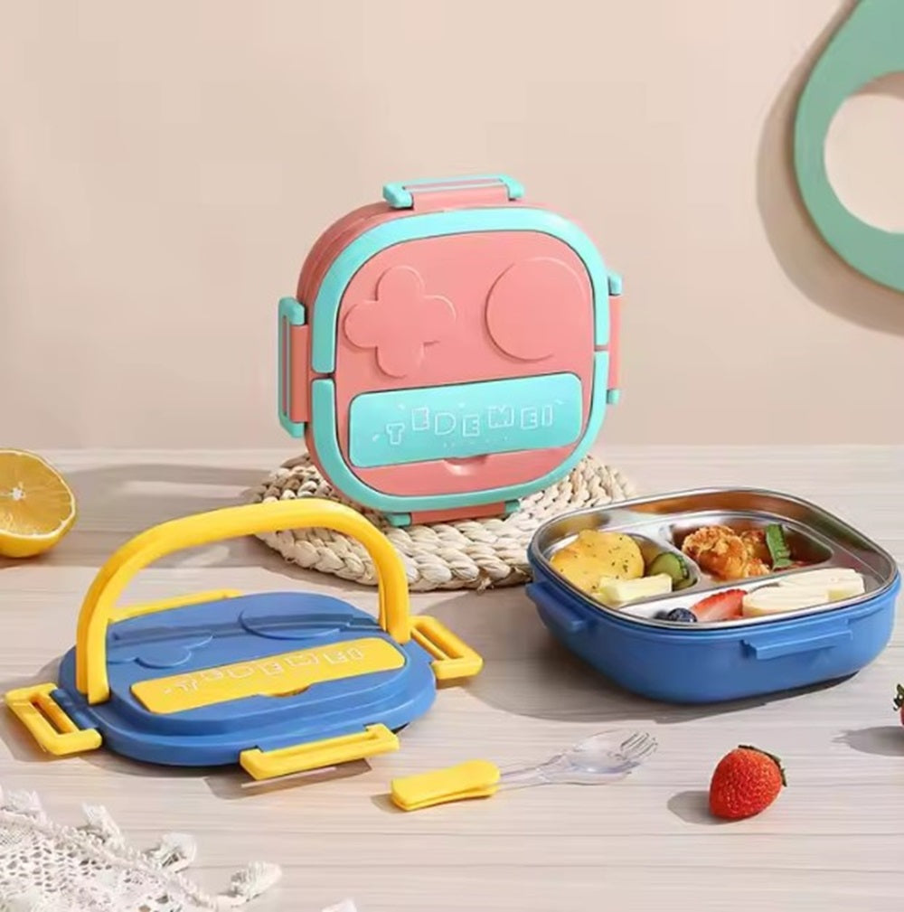 CuddleNest Bento Lunch Box for Kids – Stainless Steel 3-Compartment Lunch Set with Spoon & Fork | Colorful, Leakproof, BPA-Free, Dishwasher Safe | Ideal Tiffin for School Children