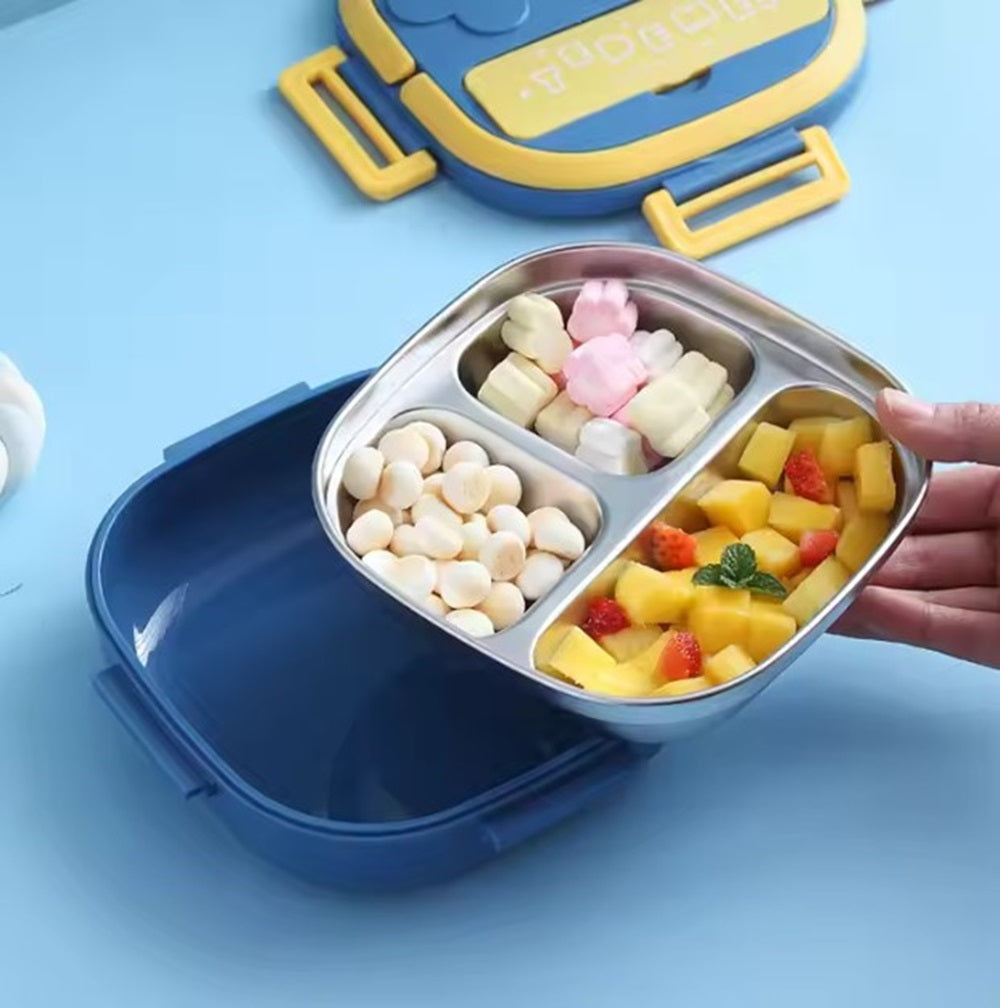 CuddleNest Bento Lunch Box for Kids – Stainless Steel 3-Compartment Lunch Set with Spoon & Fork | Colorful, Leakproof, BPA-Free, Dishwasher Safe | Ideal Tiffin for School Children