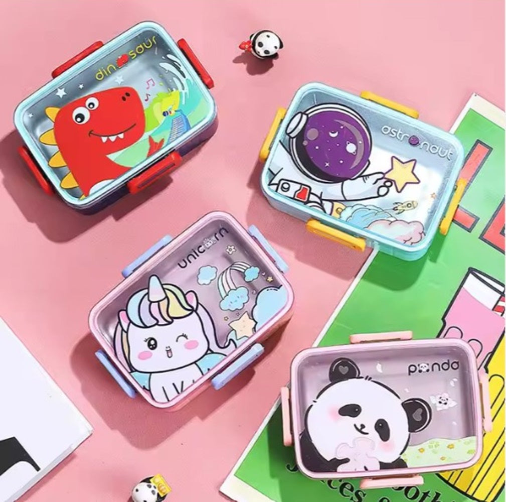 CuddleNest Kids Cartoon Lunch Box – 600ml + 100ml Stainless Steel Tiffin with Extra Bowl | Leakproof, BPA-Free & Cute Designs (Dino, Unicorn, Panda, Space)
