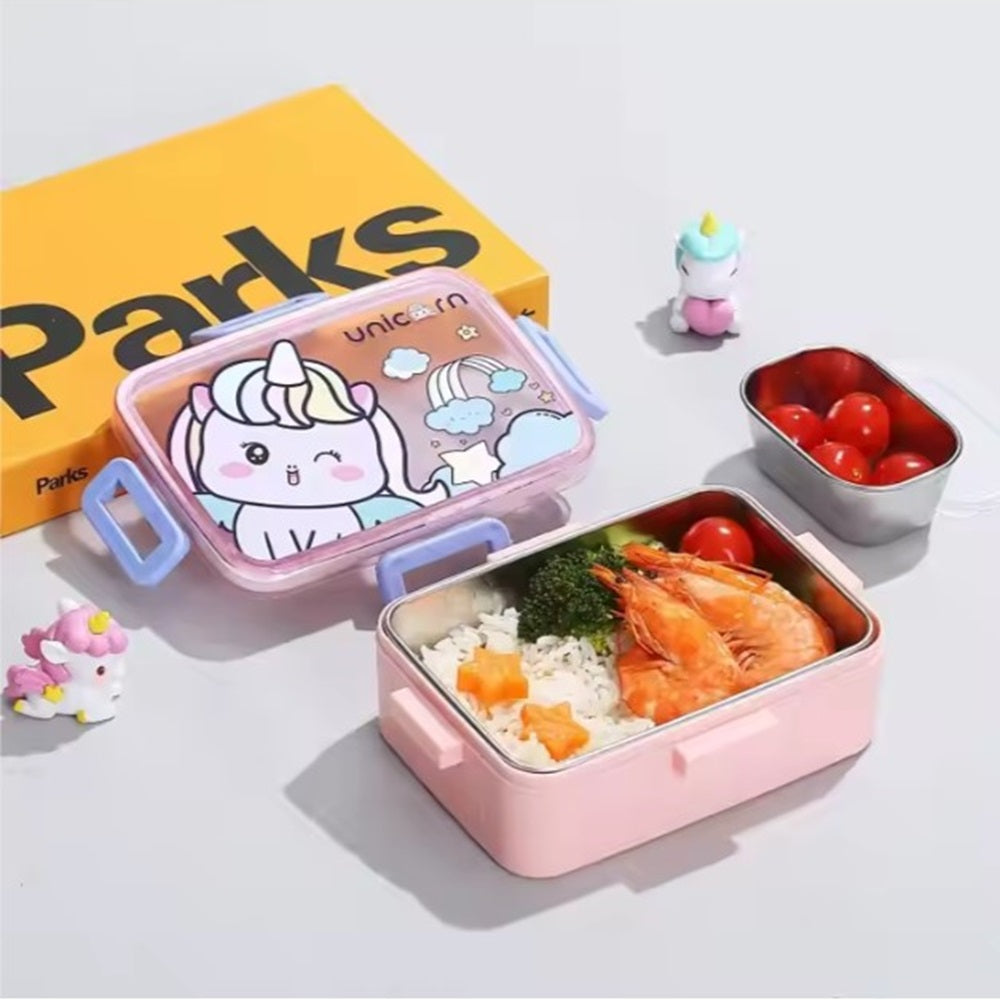 CuddleNest Kids Cartoon Lunch Box – 600ml + 100ml Stainless Steel Tiffin with Extra Bowl | Leakproof, BPA-Free & Cute Designs (Dino, Unicorn, Panda, Space)