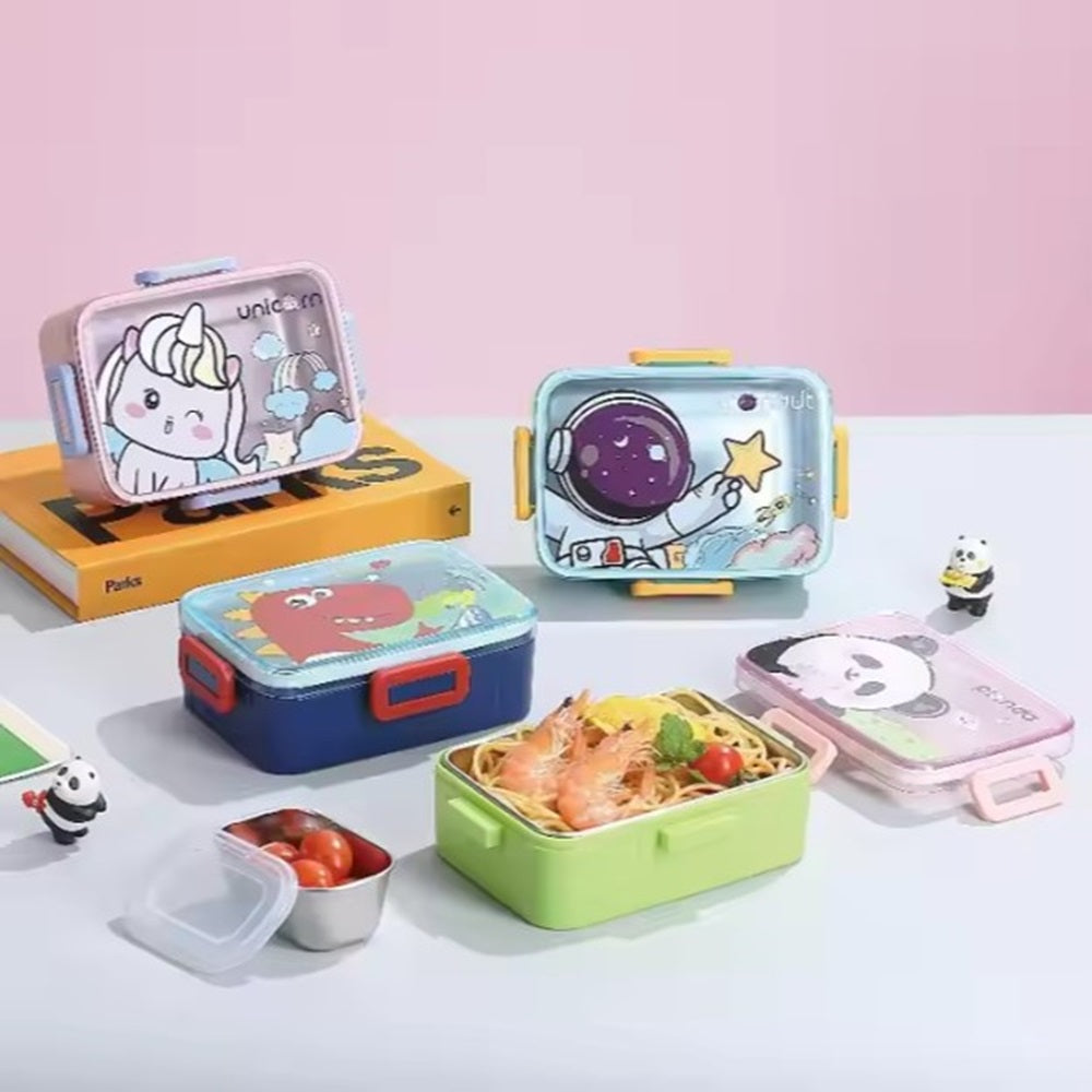 CuddleNest Kids Cartoon Lunch Box – 600ml + 100ml Stainless Steel Tiffin with Extra Bowl | Leakproof, BPA-Free & Cute Designs (Dino, Unicorn, Panda, Space)