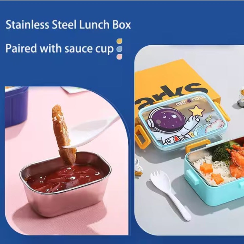 CuddleNest Kids Cartoon Lunch Box – 600ml + 100ml Stainless Steel Tiffin with Extra Bowl | Leakproof, BPA-Free & Cute Designs (Dino, Unicorn, Panda, Space)