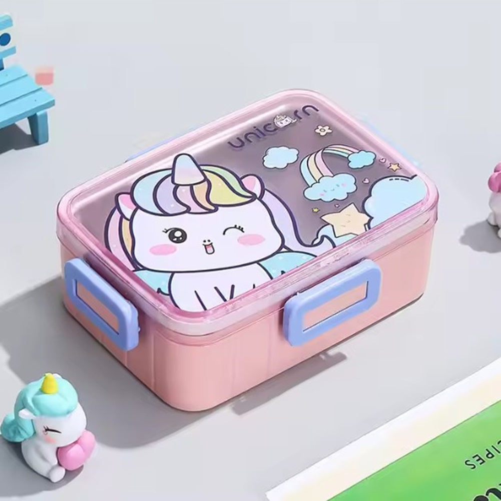 CuddleNest Kids Cartoon Lunch Box – 600ml + 100ml Stainless Steel Tiffin with Extra Bowl | Leakproof, BPA-Free & Cute Designs (Dino, Unicorn, Panda, Space)