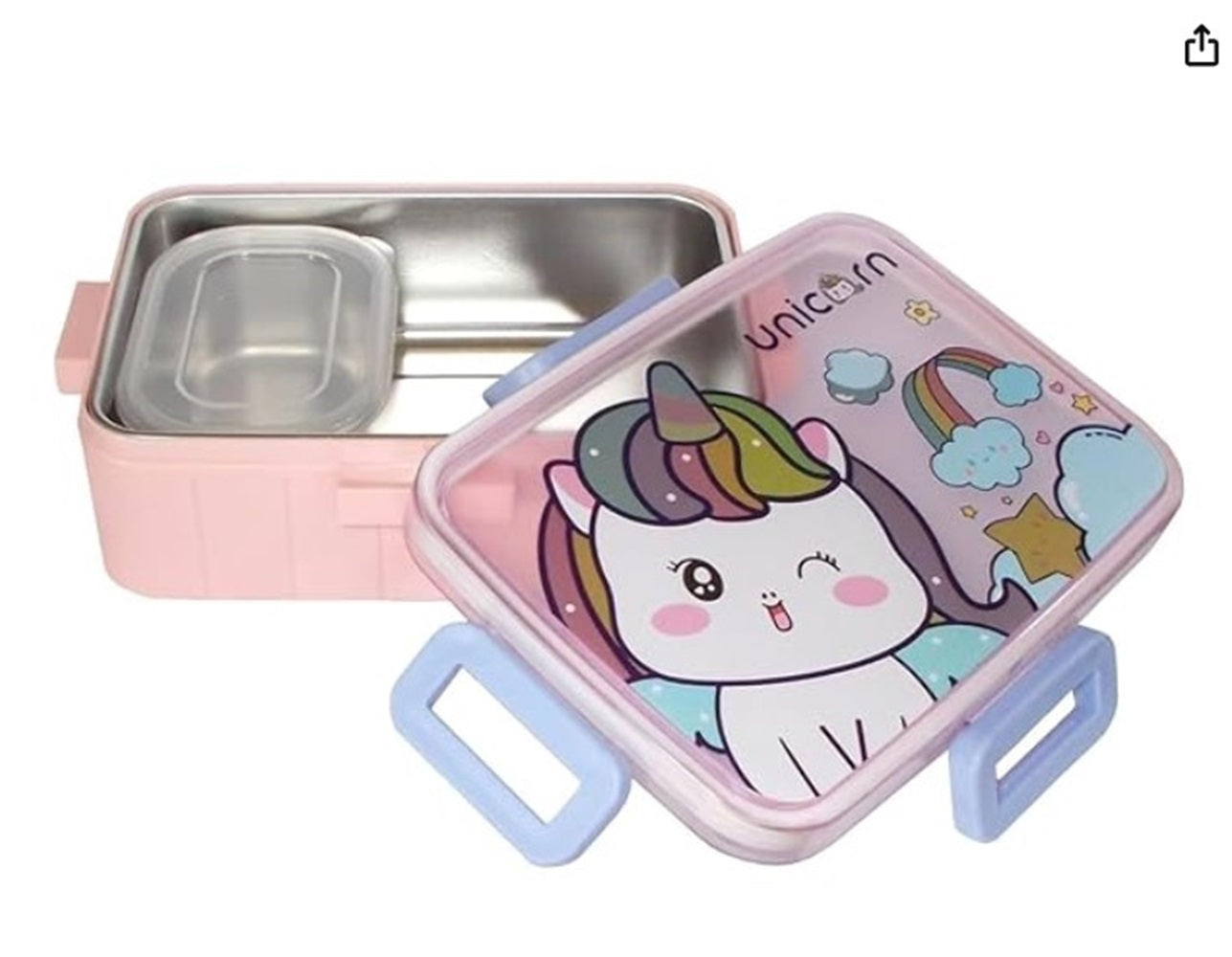 CuddleNest Kids Cartoon Lunch Box – 600ml + 100ml Stainless Steel Tiffin with Extra Bowl | Leakproof, BPA-Free & Cute Designs (Dino, Unicorn, Panda, Space)