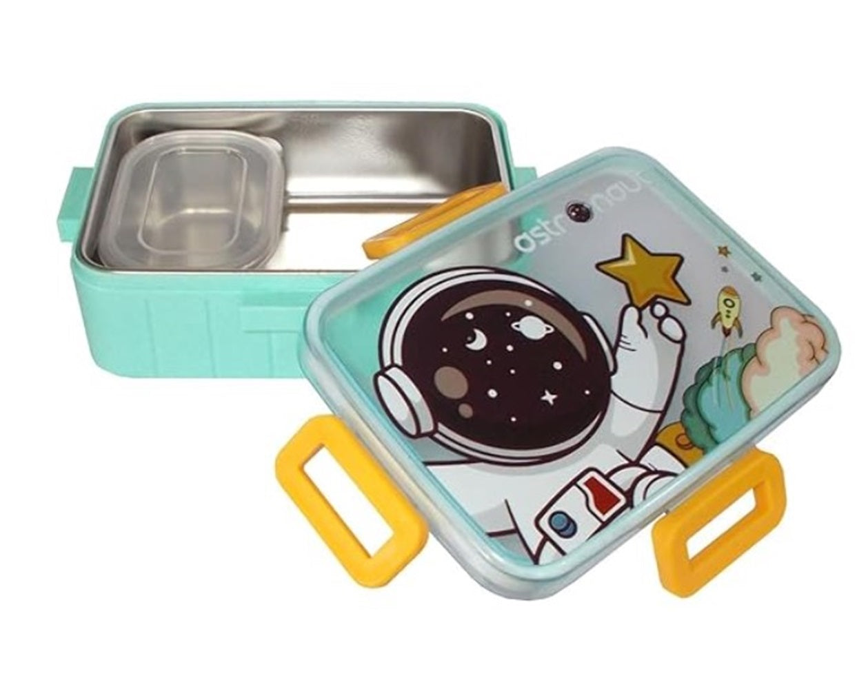 CuddleNest Kids Cartoon Lunch Box – 600ml + 100ml Stainless Steel Tiffin with Extra Bowl | Leakproof, BPA-Free & Cute Designs (Dino, Unicorn, Panda, Space)