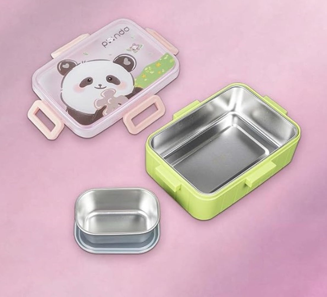 CuddleNest Kids Cartoon Lunch Box – 600ml + 100ml Stainless Steel Tiffin with Extra Bowl | Leakproof, BPA-Free & Cute Designs (Dino, Unicorn, Panda, Space)