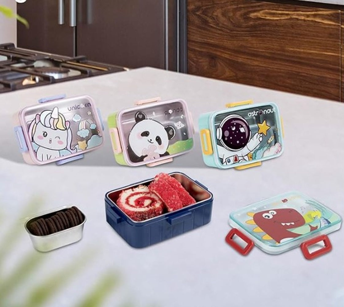 CuddleNest Kids Cartoon Lunch Box – 600ml + 100ml Stainless Steel Tiffin with Extra Bowl | Leakproof, BPA-Free & Cute Designs (Dino, Unicorn, Panda, Space)