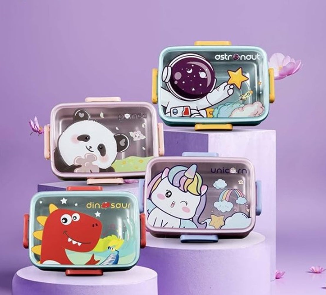CuddleNest Kids Cartoon Lunch Box – 600ml + 100ml Stainless Steel Tiffin with Extra Bowl | Leakproof, BPA-Free & Cute Designs (Dino, Unicorn, Panda, Space)